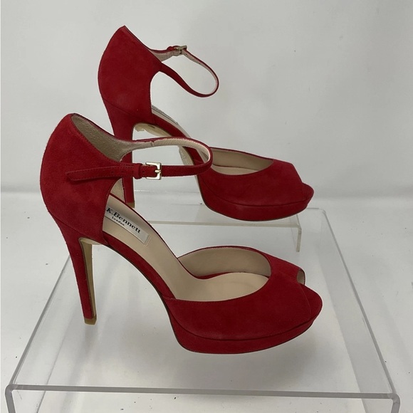 LK Bennett Shoes - LK Bennett Red Suede Peep-Toe Ankle-Strap Heels